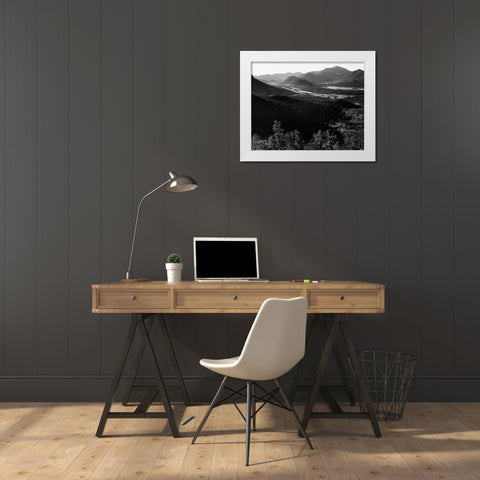 Valley surrounded by mountains, in Rocky Mountain National Park, Colorado, ca. 1941-1942 White Modern Wood Framed Art Print by Adams, Ansel