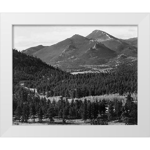 View with trees in foreground, barren mountains in background, in Rocky Mountain National Park, Colo White Modern Wood Framed Art Print by Adams, Ansel
