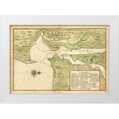 Map of New York City Region - Manatvs gelegen op de Noot Riuier, 1639 White Modern Wood Framed Art Print by Vinckeboons, Joan