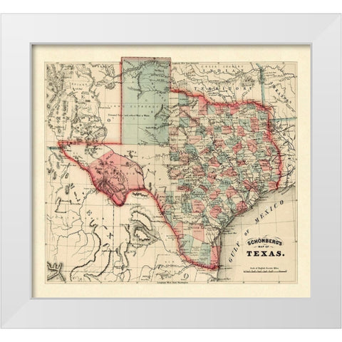 Schonbergs map of Texas, 1866 White Modern Wood Framed Art Print by Schonberg and Co.,