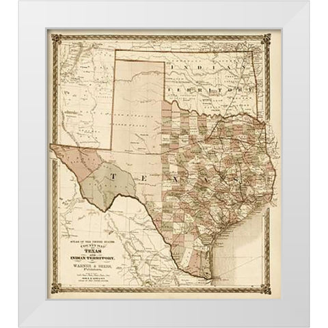 County Map of Texas, and Indian Territory, 1874 - Decorative Sepia White Modern Wood Framed Art Print by H.H. Lloyd and Company