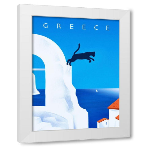 Greece - Leaping Cat White Modern Wood Framed Art Print by Wickstrom, Martin