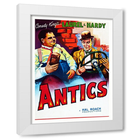 Laurel and Hardy - Antics White Modern Wood Framed Art Print by Hollywood Photo Archive