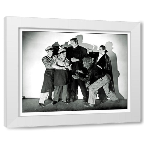 Abbott and Costello - Promotional Still with Frankenstein, Dracula and Wolfman White Modern Wood Framed Art Print by Hollywood Photo Archive