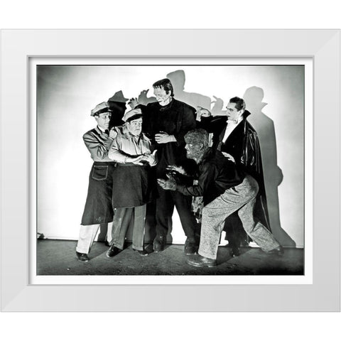 Abbott and Costello - Promotional Still with Frankenstein, Dracula and Wolfman White Modern Wood Framed Art Print by Hollywood Photo Archive