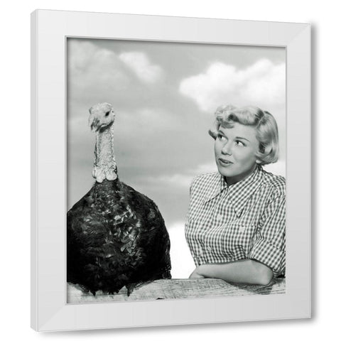 Doris Day with a Thanksgiving Turkey White Modern Wood Framed Art Print by Hollywood Photo Archive