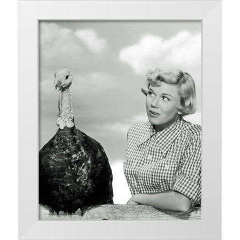 Doris Day with a Thanksgiving Turkey White Modern Wood Framed Art Print by Hollywood Photo Archive