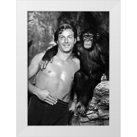 Lex Barker with Cheeta White Modern Wood Framed Art Print by Hollywood Photo Archive