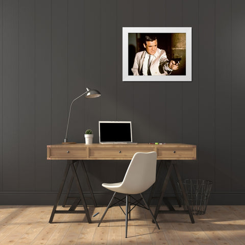 Cary Grant - Charade White Modern Wood Framed Art Print by Hollywood Photo Archive