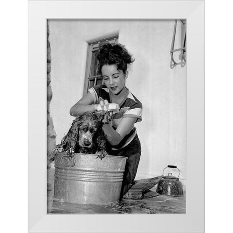 Elizabeth Taylor washing a dog White Modern Wood Framed Art Print by Hollywood Photo Archive