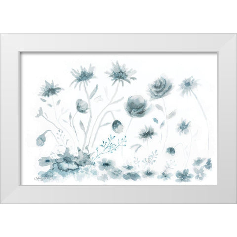 Blue Flower Toss White Modern Wood Framed Art Print by Bawden, Angela