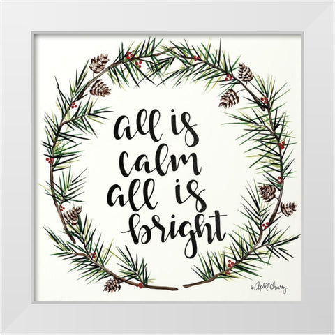 All is Calm Pinecone Wreath White Modern Wood Framed Art Print by Chavez, April