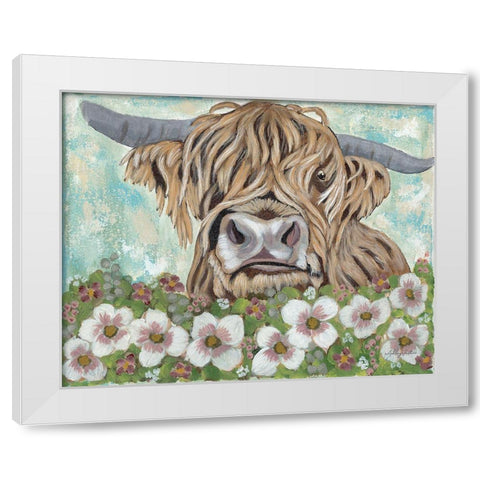 Floral Highland Cow White Modern Wood Framed Art Print by Justice, Ashley