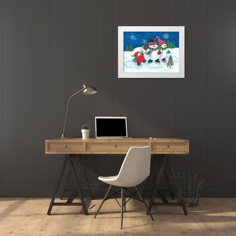Happy Snowmen Family on Skates White Modern Wood Framed Art Print by Kater, Diane