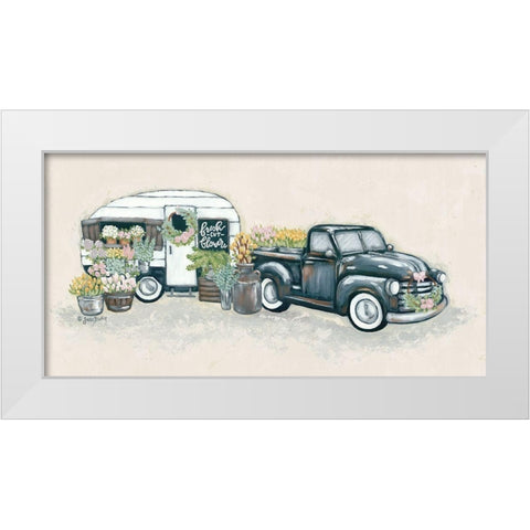 Vintage Flower Truck and Trailer White Modern Wood Framed Art Print by Baker, Sara