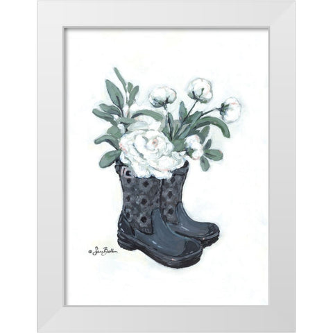 Rain Boot Peonies White Modern Wood Framed Art Print by Baker, Sara