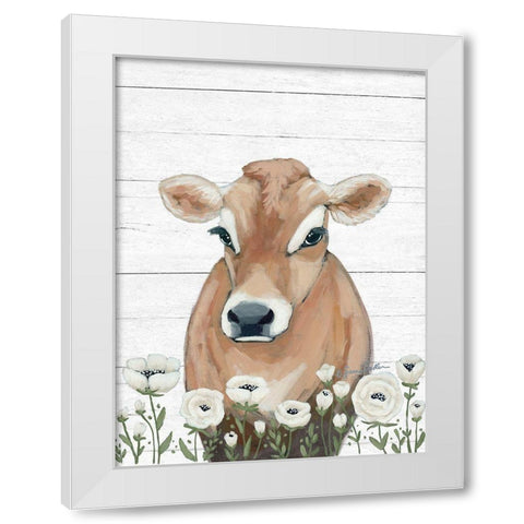 Cow With Flowers White Modern Wood Framed Art Print by Baker, Sara