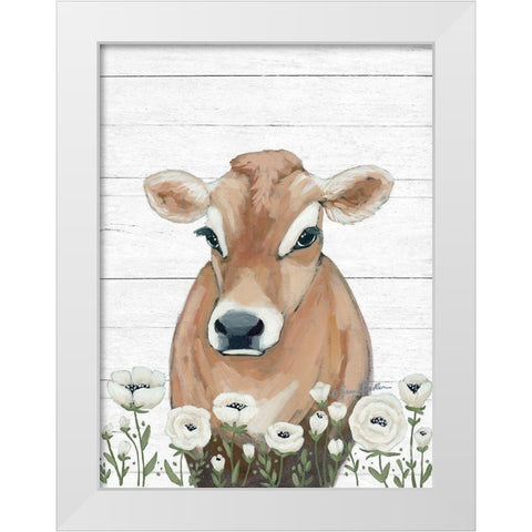 Cow With Flowers White Modern Wood Framed Art Print by Baker, Sara