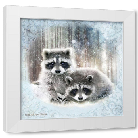 Enchanted Winter Raccoons   White Modern Wood Framed Art Print by Bluebird Barn