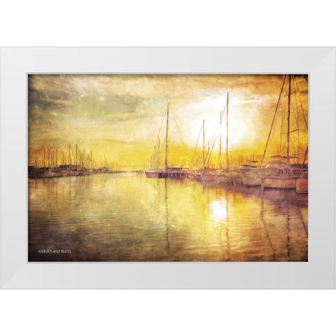 Yellow Sunset Boats in Marina White Modern Wood Framed Art Print by Bluebird Barn