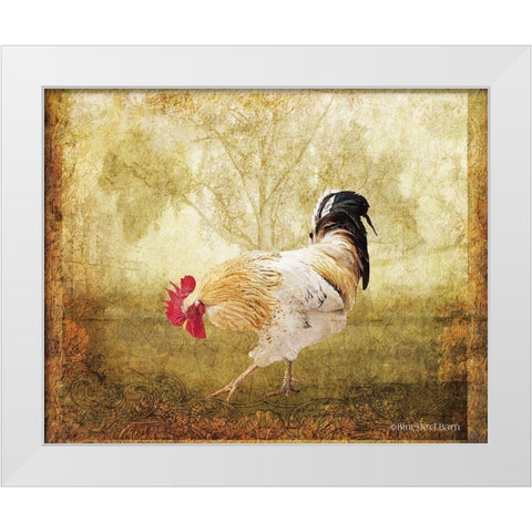 Vintage Scratching Rooster White Modern Wood Framed Art Print by Bluebird Barn
