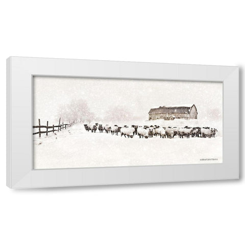 Warm Winter Barn with Sheep Herd White Modern Wood Framed Art Print by Bluebird Barn