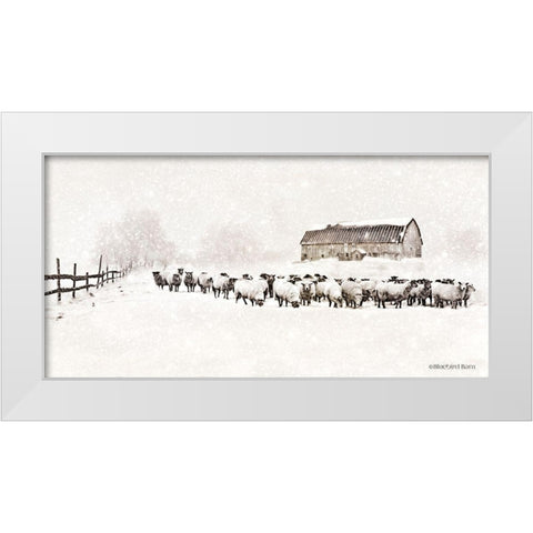Warm Winter Barn with Sheep Herd White Modern Wood Framed Art Print by Bluebird Barn
