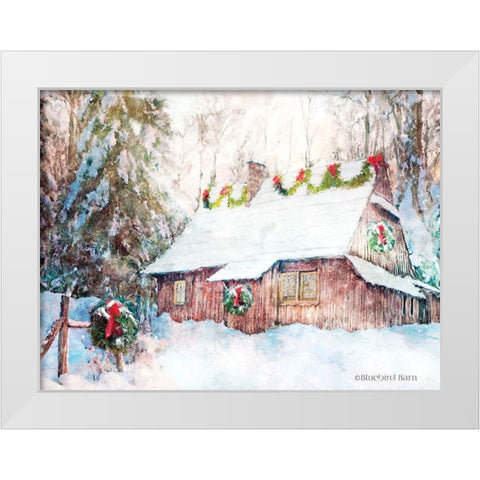 Snowy Christmas Cabin White Modern Wood Framed Art Print by Bluebird Barn