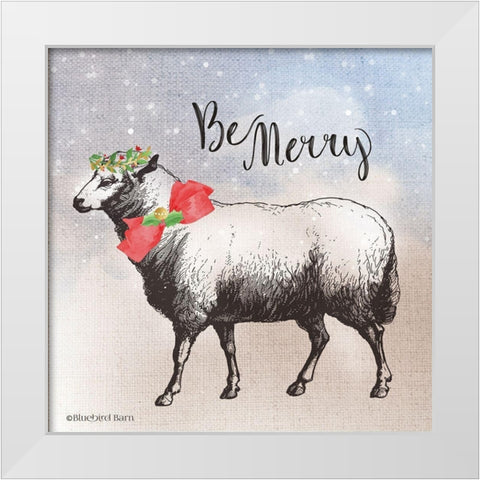Vintage Christmas Be Merry Sheep White Modern Wood Framed Art Print by Bluebird Barn