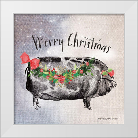 Vintage Christmas Be Merry Pig White Modern Wood Framed Art Print by Bluebird Barn