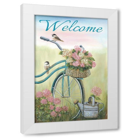 Old Bike Welcome White Modern Wood Framed Art Print by Britton, Pam