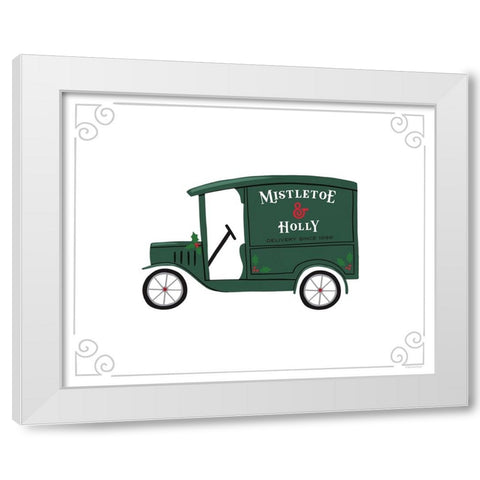 Mistletoe And Holly Vintage Delivery Truck White Modern Wood Framed Art Print by Lady Louise Designs