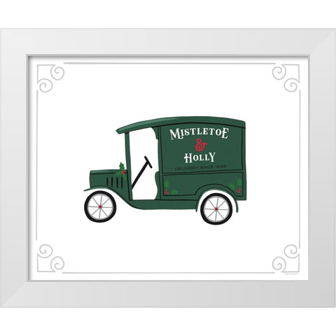 Mistletoe And Holly Vintage Delivery Truck White Modern Wood Framed Art Print by Lady Louise Designs