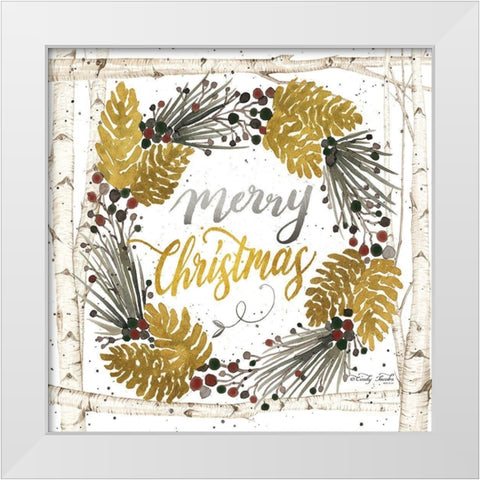 Merry Christmas Birch Wreath with Berries White Modern Wood Framed Art Print by Jacobs, Cindy