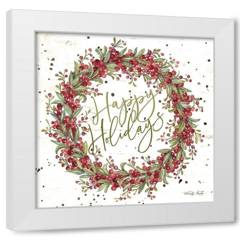 Happy Holidays Berry Wreath White Modern Wood Framed Art Print by Jacobs, Cindy
