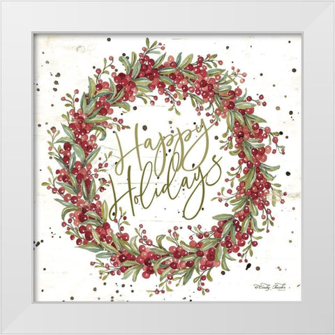 Happy Holidays Berry Wreath White Modern Wood Framed Art Print by Jacobs, Cindy