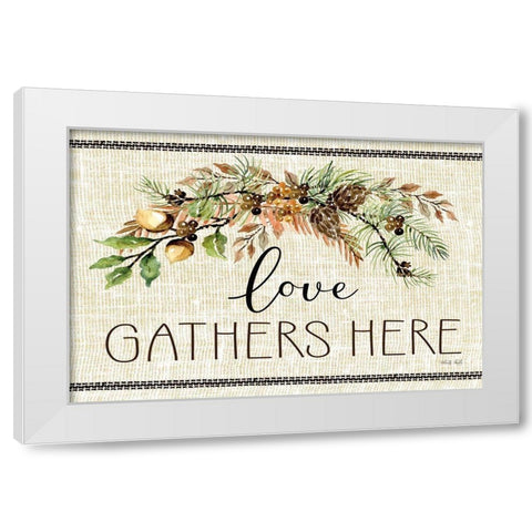 Love Gathers Here White Modern Wood Framed Art Print by jacobs, Cindy