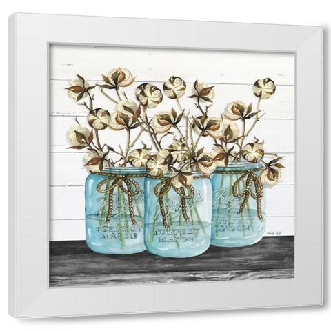 Blue Jars - Cotton Stems White Modern Wood Framed Art Print by Jacobs, Cindy