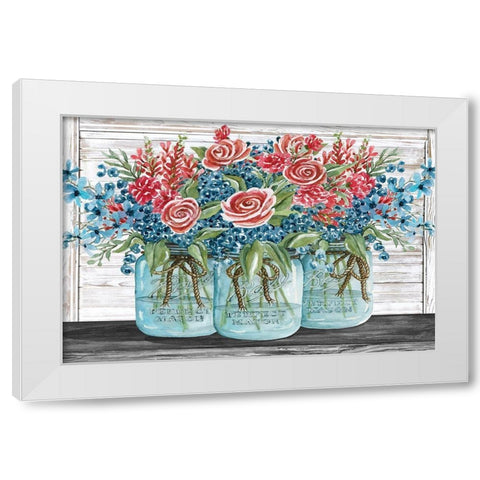 Red, White and Blue Jars with  White Flowers White Modern Wood Framed Art Print by Jacobs, Cindy