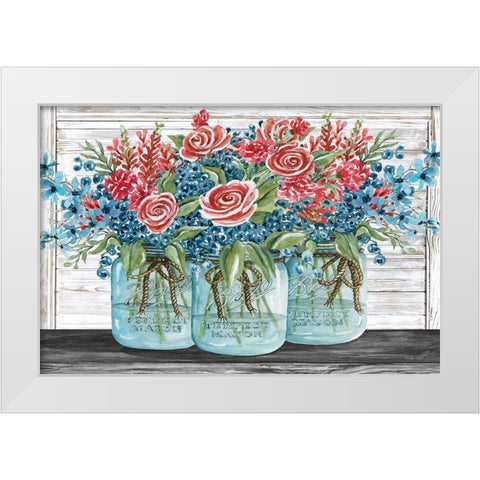 Red, White and Blue Jars with  White Flowers White Modern Wood Framed Art Print by Jacobs, Cindy
