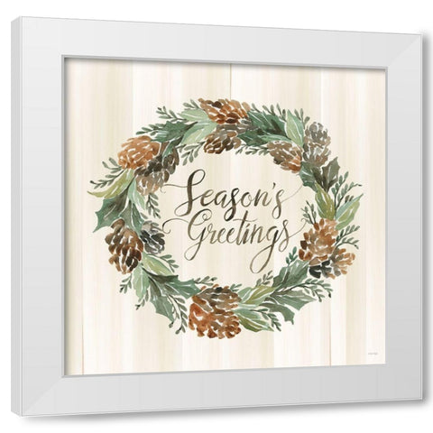 Sage Seasons Greetings Wreath White Modern Wood Framed Art Print by Jacobs, Cindy