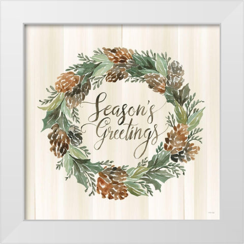 Sage Seasons Greetings Wreath White Modern Wood Framed Art Print by Jacobs, Cindy