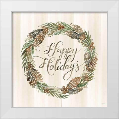 Sage Happy Holidays Wreath White Modern Wood Framed Art Print by Jacobs, Cindy