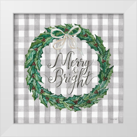 Merry and Bright Wreath White Modern Wood Framed Art Print by Jacobs, Cindy