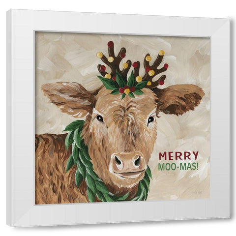 Merry Moo-mas White Modern Wood Framed Art Print by Jacobs, Cindy