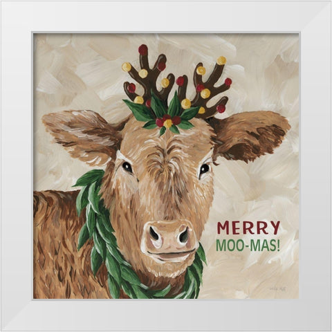 Merry Moo-mas White Modern Wood Framed Art Print by Jacobs, Cindy