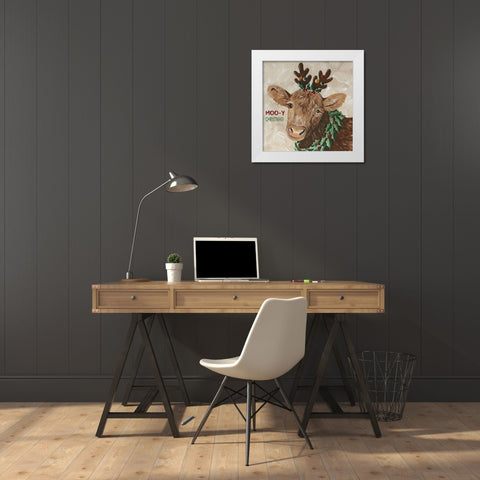 Moo-y Christmas White Modern Wood Framed Art Print by Jacobs, Cindy