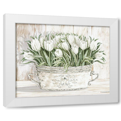 Tulips in White Chipped Pail White Modern Wood Framed Art Print by Jacobs, Cindy