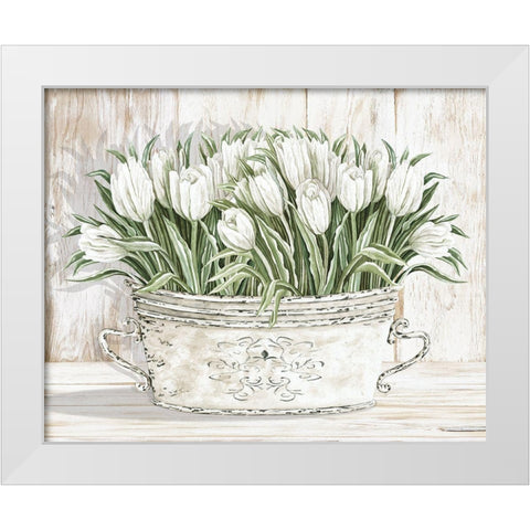 Tulips in White Chipped Pail White Modern Wood Framed Art Print by Jacobs, Cindy