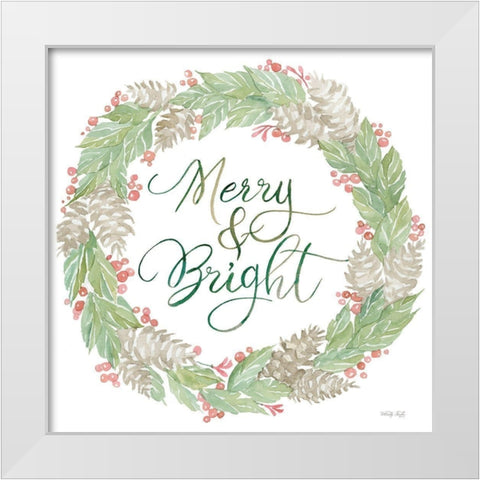 Merry And Bright Wreath White Modern Wood Framed Art Print by Jacobs, Cindy